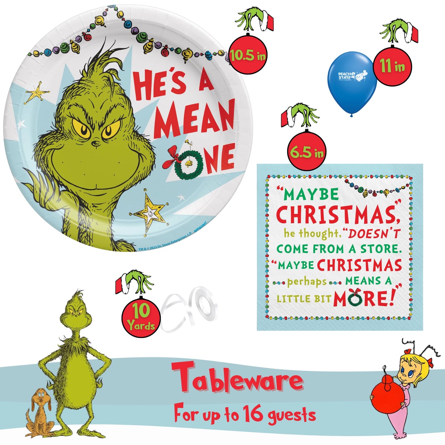 Dr. Seuss The Grinch Christmas Party Supplies Bundle with The Grinch 10.5" Paper Plates and Luncheon Napkins - Serves 16 -  FREE SHIPPING