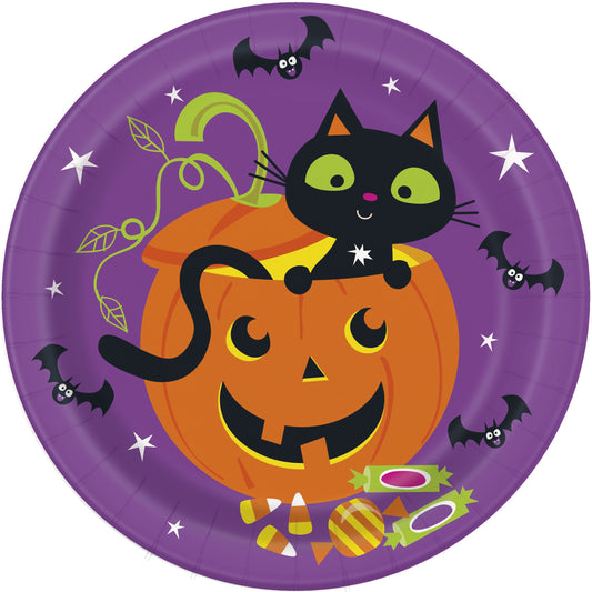 Halloween Cat & Pumpkin Round 9" Dinner Plates - 8ct