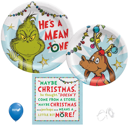 Dr. Seuss The Grinch Christmas Party Supplies Bundle with The Grinch Paper Plates, "Max" Dessert Plates, and Napkins - Serves 8  - FREE SHIPPING