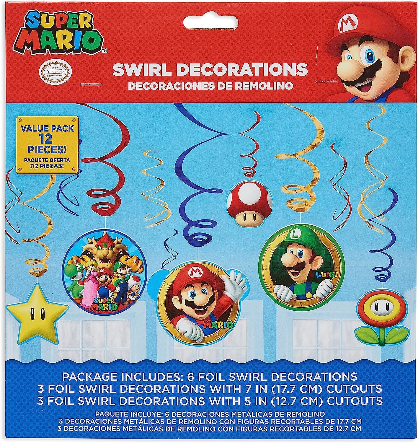 Super Mario Brothers Hanging Swirl Decorations - Assorted Designs, 12 Pcs