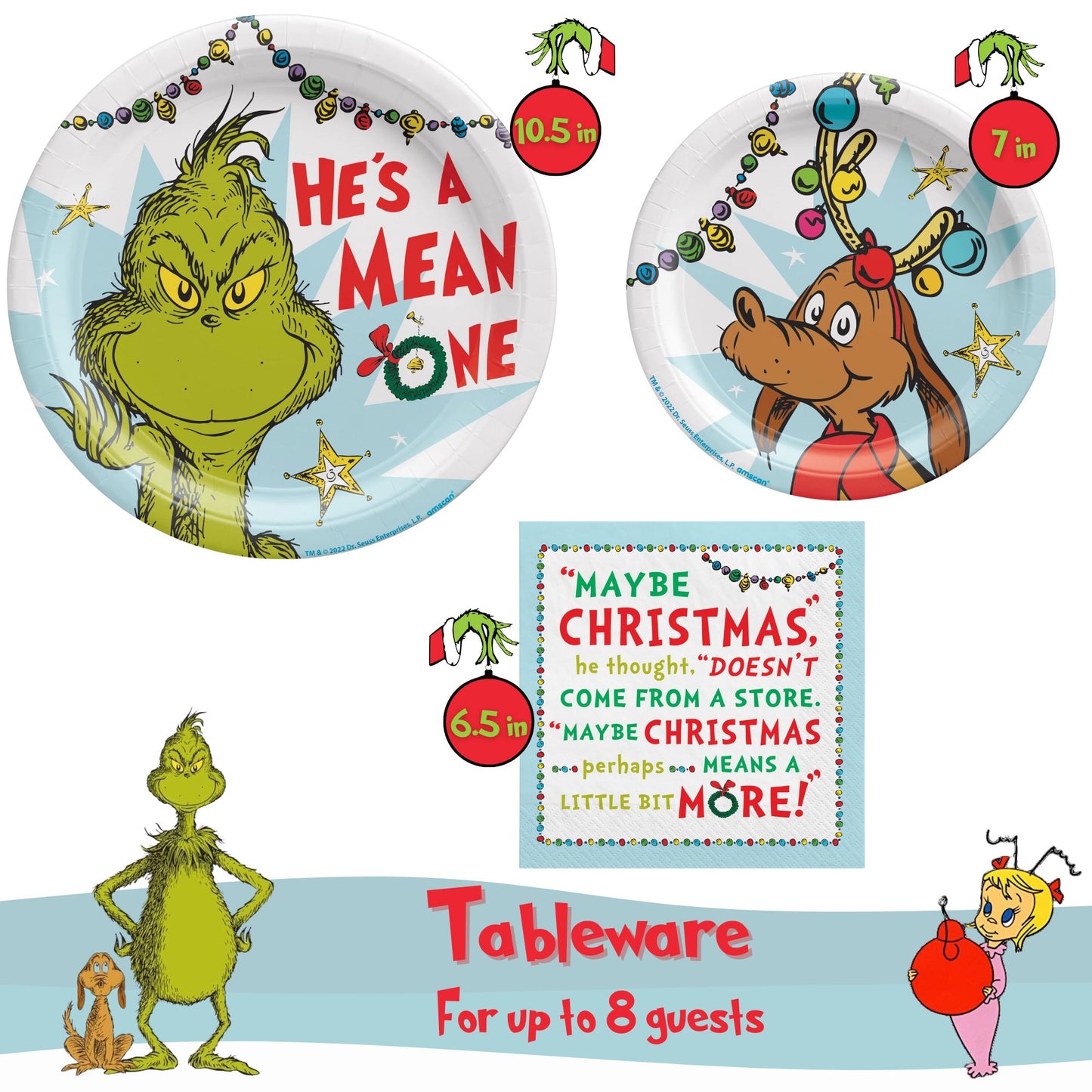 Dr. Seuss The Grinch Christmas Party Supplies Bundle with The Grinch Paper Plates, "Max" Dessert Plates, and Napkins - Serves 8  - FREE SHIPPING