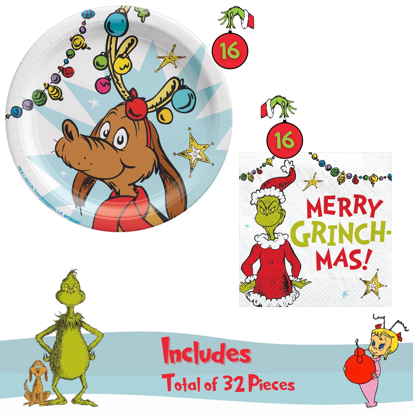 Dr. Seuss The Grinch Christmas Party Supplies Bundle with Appetizer Plates Featuring "Max" and The Grinch Napkins for 16 Guests - Serves 16  - FREE SHIPPING