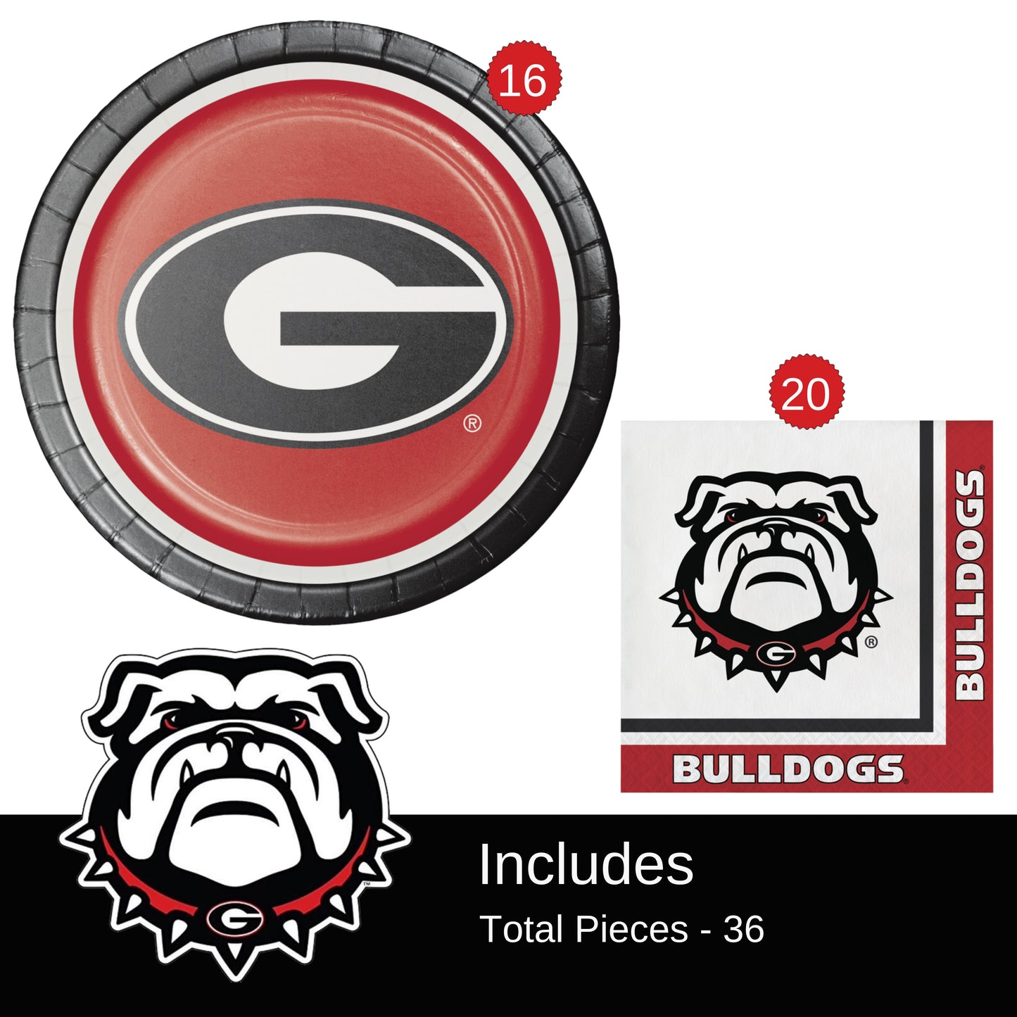 University of Georgia Party Supplies Pack with UGA Lunch Plates and UGA Napkins for 16 Guests