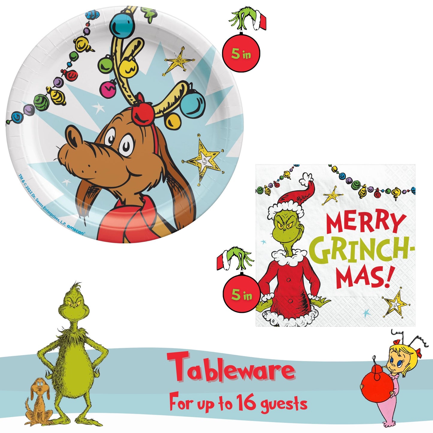 Dr. Seuss The Grinch Christmas Party Supplies Bundle with Appetizer Plates Featuring "Max" and The Grinch Napkins for 16 Guests - Serves 16  - FREE SHIPPING