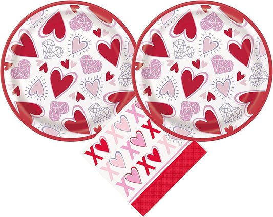 Sparkling Hearts Valentines Party Supplies Bundle | Valentines Plates | Valentines Napkins | Valentines Tableware | Valentines Decorations (Pack for 16) (Dessert for 16)