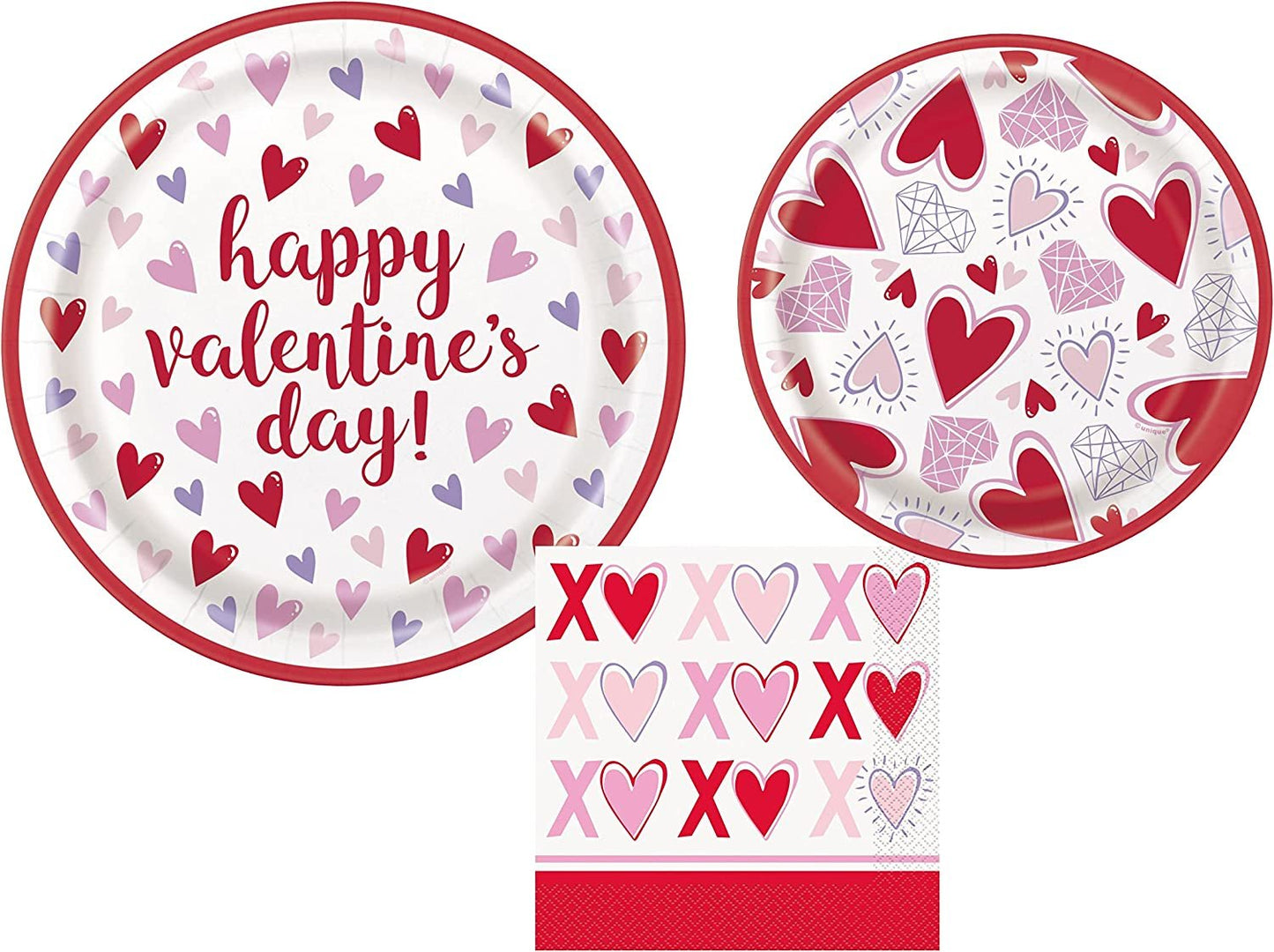 Sparkling Hearts Valentines Party Supplies Bundle | Valentines Plates | Valentines Napkins | Valentines Tableware | Valentines Decorations (Pack for 16) (Pack for 8)