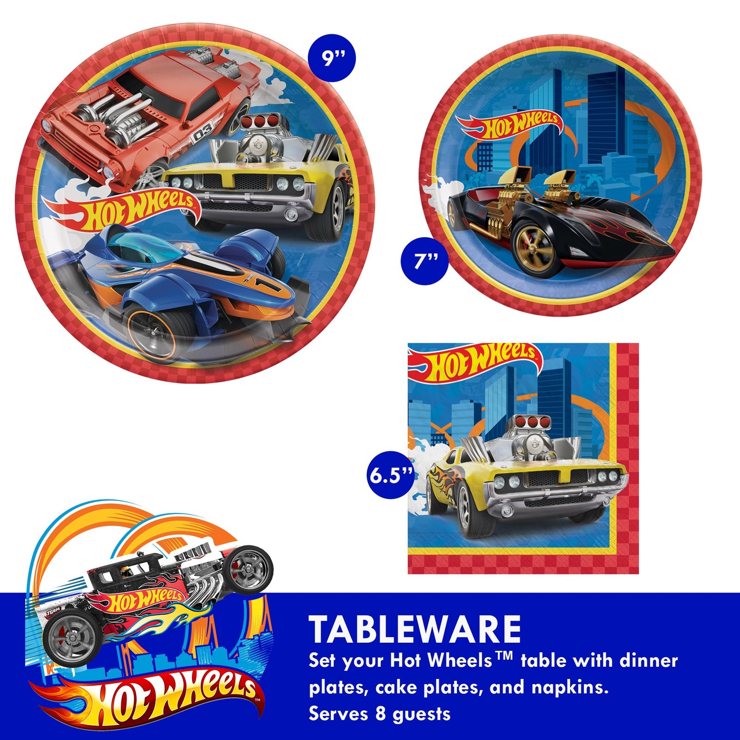 Hot Wheels Party Supplies Bundle with Luncheon Plates, Dessert Plates and Napkins for 8 Guests