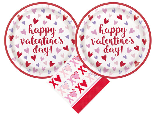 Sparkling Hearts Valentines Party Supplies Bundle | Valentines Plates | Valentines Napkins |Valentines Tableware | Valentines Decorations - Serves 16